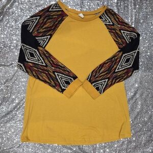Mustard Raglan Sleeve Top with Patterned Sleeves